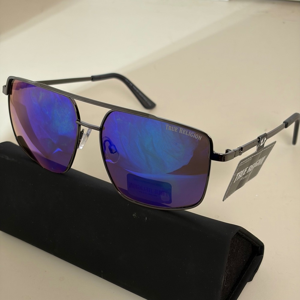 True Religion Unisex Gunmetal Aviator Sunglasses Blue Mirror UV400 TRM1881 NWT